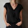 Women Satin Lace Trim Short Sleeve V Neck Blouse with Tie Front and Relaxed Fit for Casual or Office Wear