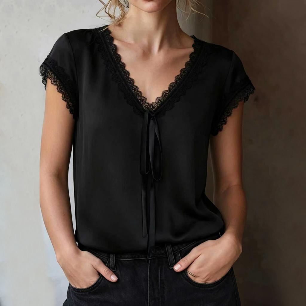 Women Satin Lace Trim Short Sleeve V Neck Blouse with Tie Front and Relaxed Fit for Casual or Office Wear