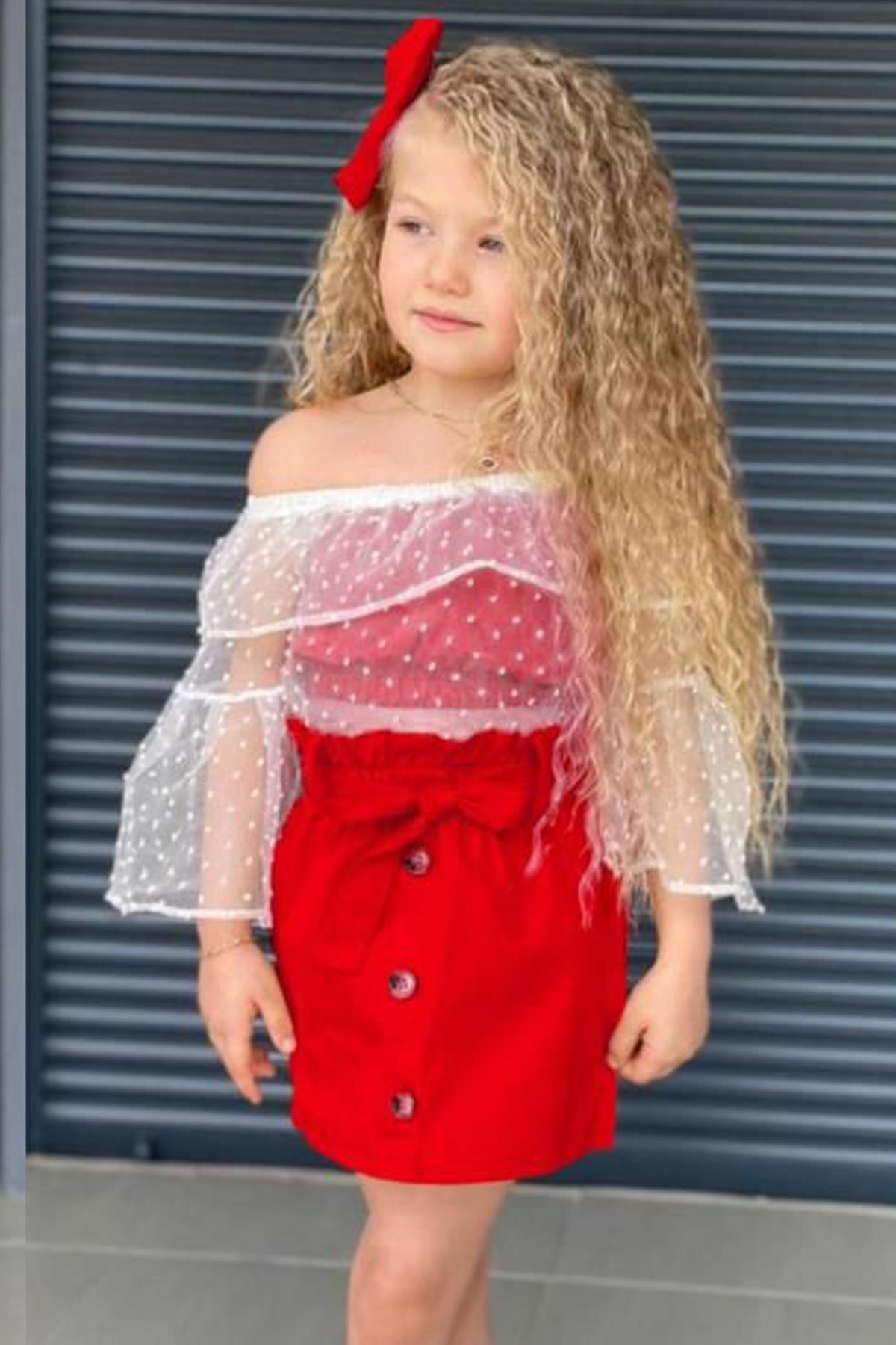 

Girl s Off Shoulder Transparent Madonna Collar Red Skirt Suit
