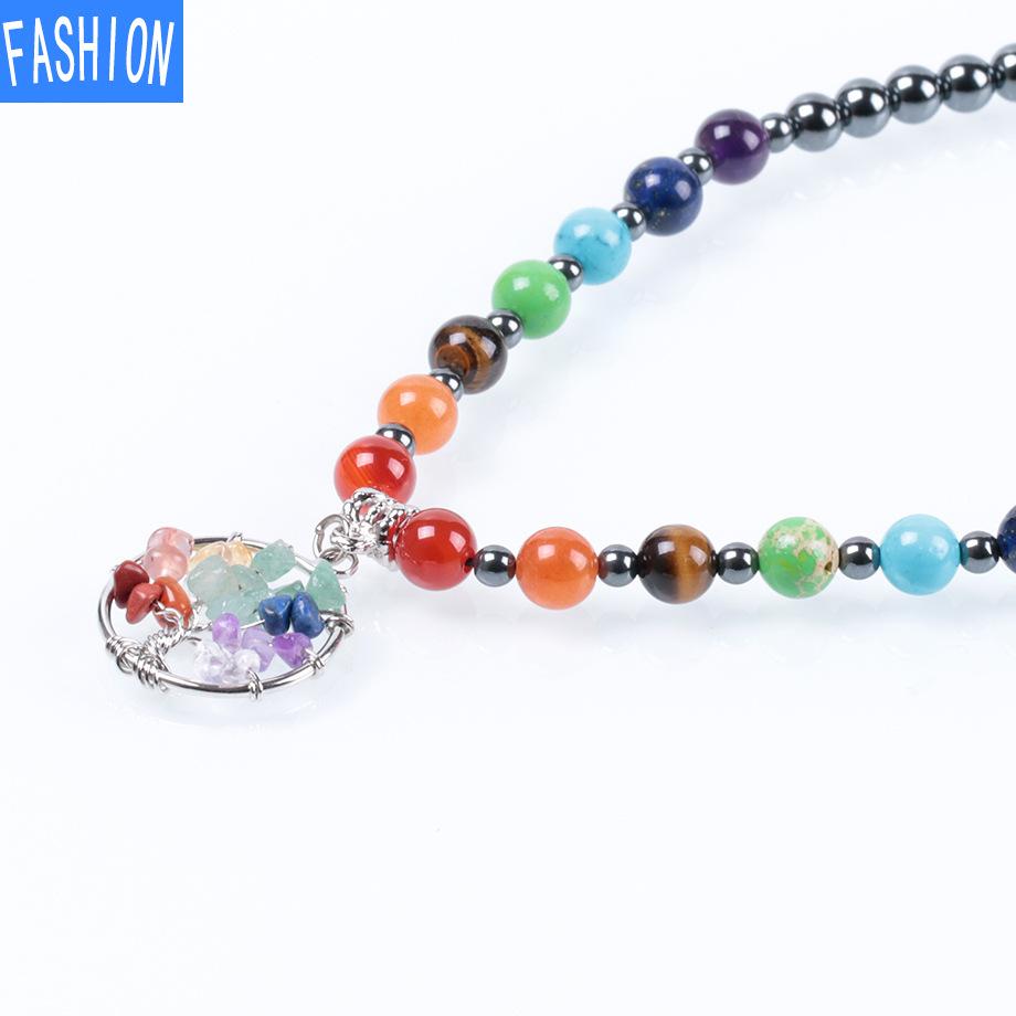 Hand Wound Tree Of Life Short Necklace Black Gallstone Beads Yoga Seven Chakras Natural Gem Necklace