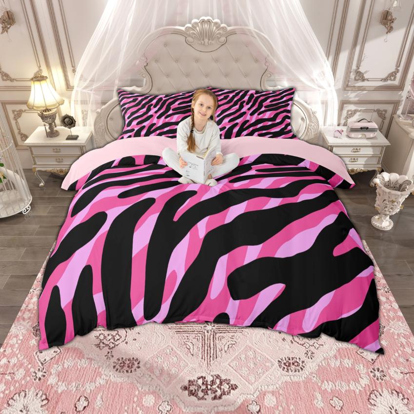 Homewish Girls Hot Pink Duvet Cover Set 2pcs/3pcs, Zebra Leopard Print Bedding, Cheetah Printed Quilt Cover Set
