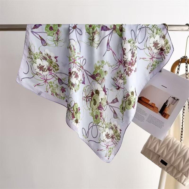 68Cm Lily Of The Valley Scarf Women'S Spring And Summer Thin Imitation Silk Square Scarf High-End Temperament Small Scarfs Shawl