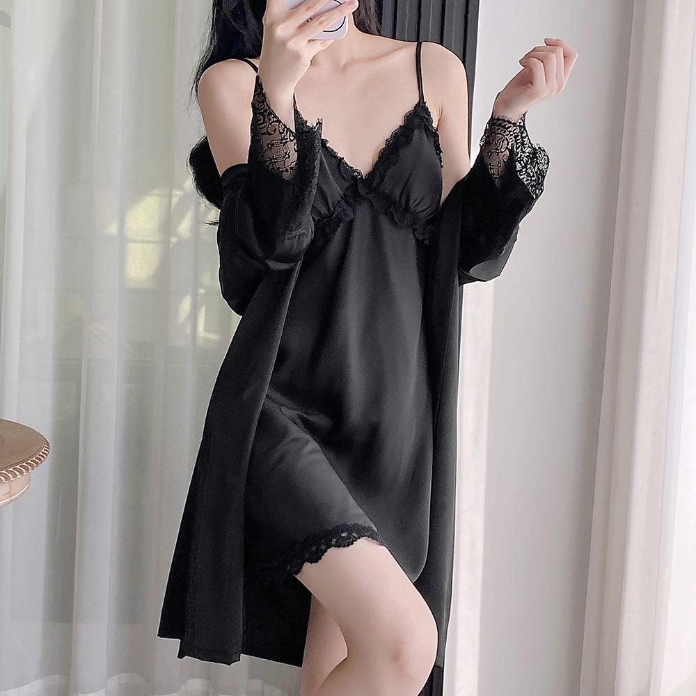 Elegant Lace Ice Silk Two-Piece Camisole Nightgown & Robe Set for Women - Spring/Summer
