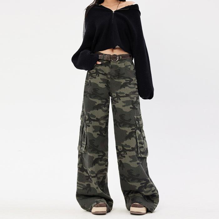 Vintage Camouflage Overalls Casual Multi-Pocket Wide Leg Loose Straight Skinny Floor Pants Trousers & Extended Elastane