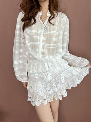 French Romantic Lace Embroidery Waist-Cinching Two-Piece Set - Sweet Style Long-Sleeve Shirt & Ruffle Skirt-Pants