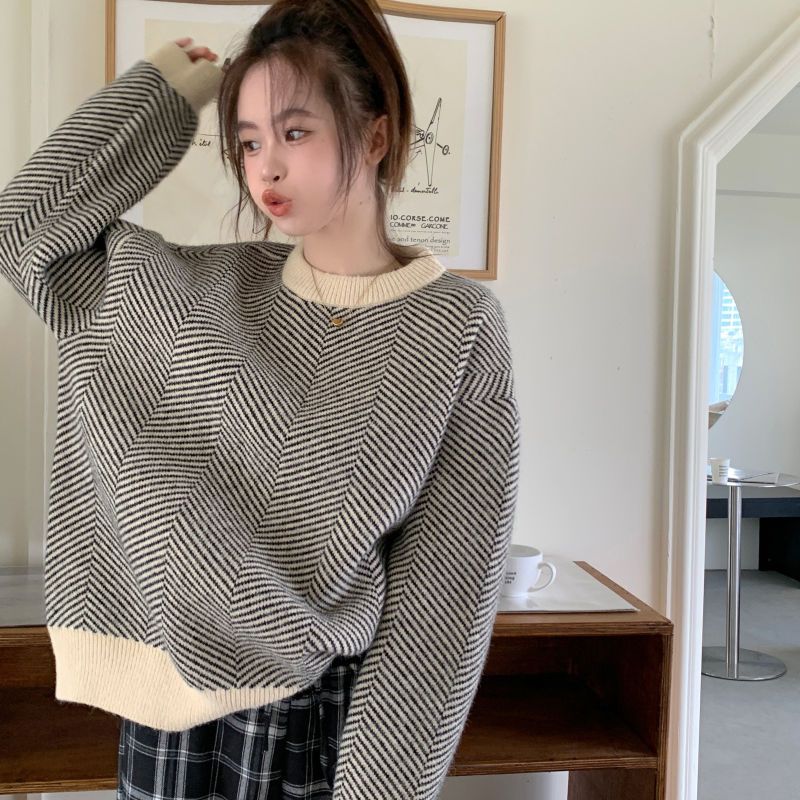 

Женский полосатый свитер-пуловер осень-зима новый дизайн свободный и ленивый вязаный свитер 2XL