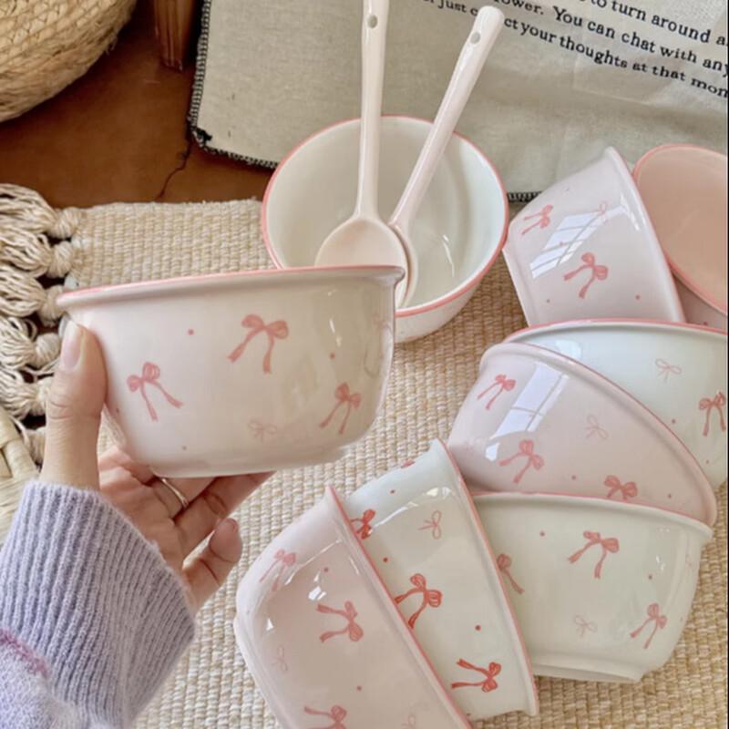 ZISIZ Girly Pink Bow Ceramic Rice Bowl Set