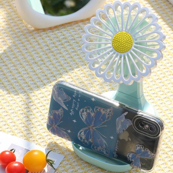 Summer Flower Desk Fan with Night Light Phone Holder 3-Speed Angle Adjustable Fan Rechargeable Office Bedroom Travel Personal Cooling