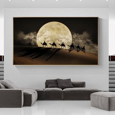 Pintura en lienzo de paisaje, carteles e impresiones artísticos de pared del desierto, lienzo de camello en el desierto, arte de escena de Noche De Luna, imagen decorativa para pared
