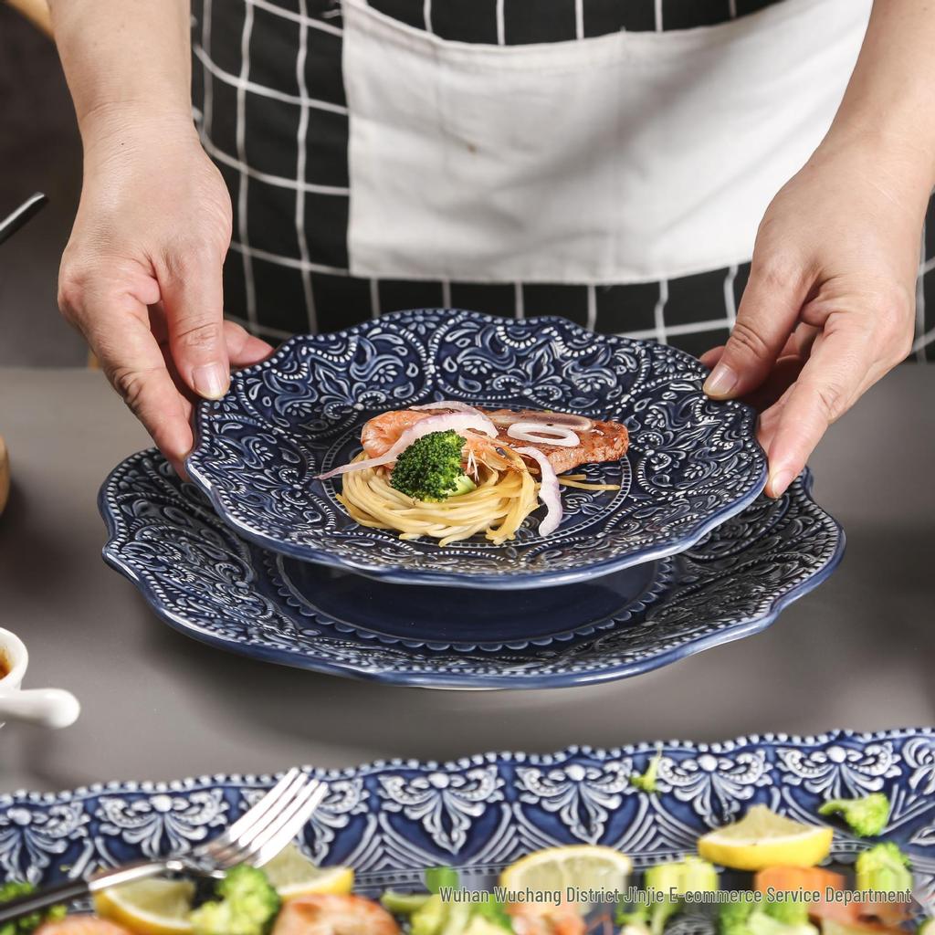 European Baroque Embossed Ceramic Dinner & Soup Plate Set