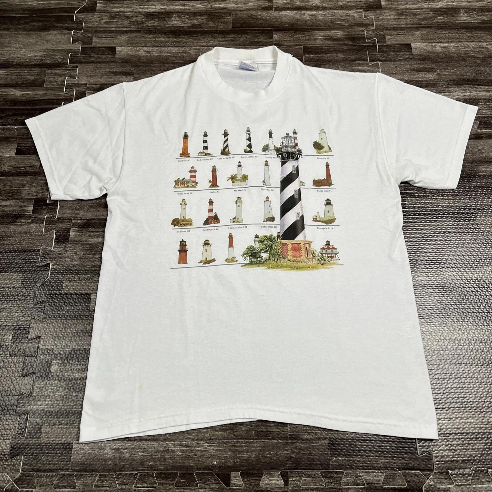Vintage Lighthouses Graphic Tshirt East Coast Summer Beach Medium White VTG S