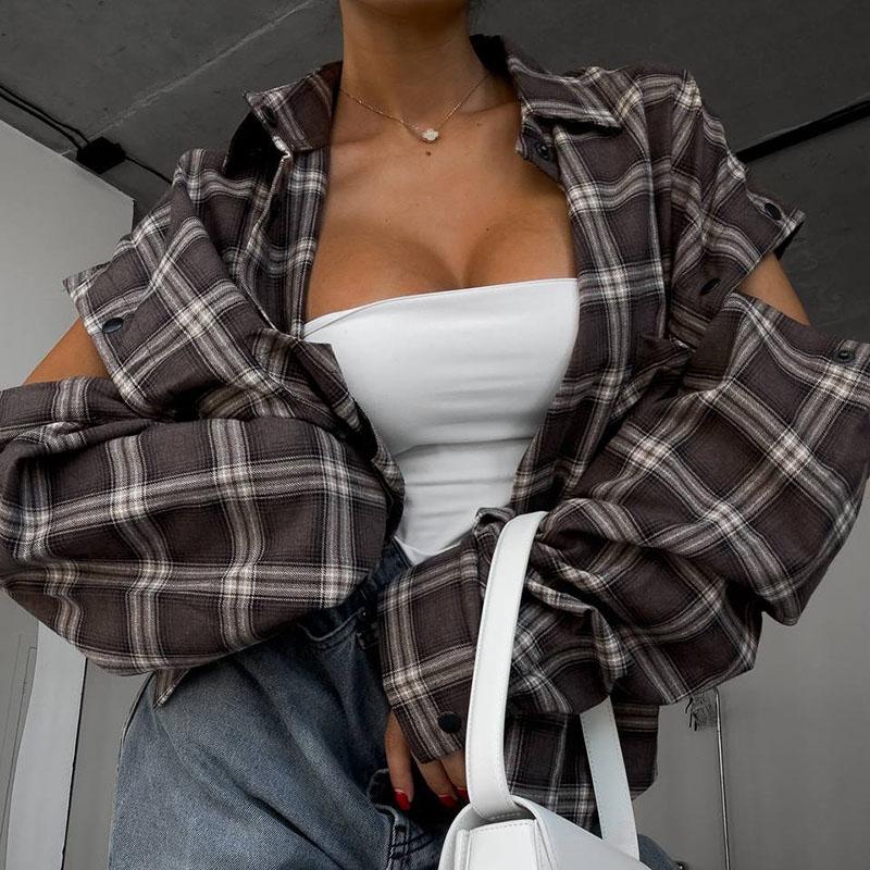 Nowa Modna Koszula w Kratę Damska Jesienna Top z Długim Rękawem Damska Bluzka z Odpinanymi Rękawami Damskie Klasyczne Codzienne Koszule Streetwear