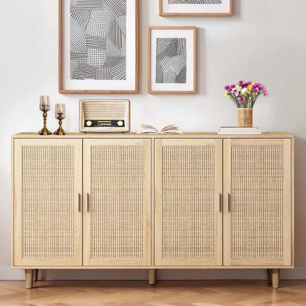 158CM Elegant and Functional 4-Door Rattan Decorative Storage Cabinet,for Bedroom,Living Room,Office