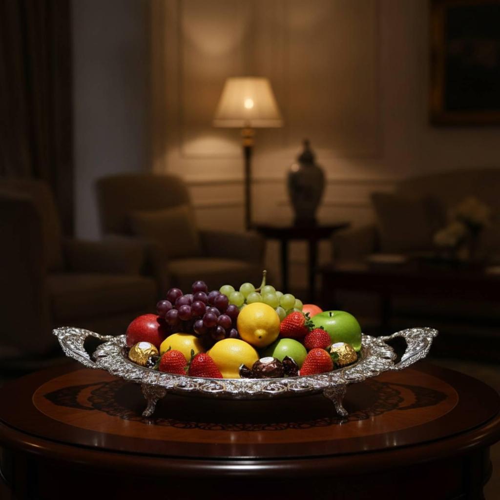 Serving Platter with Feet Silver Handles Floral Ornate Metal Tray for Hosts,