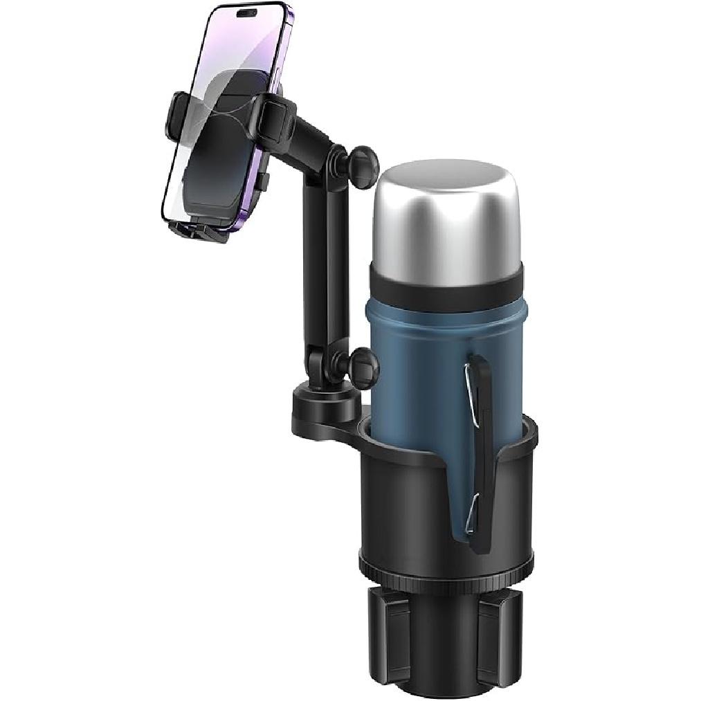 Car Cup Holder Expander Phone Holder with Adjustable Arm and Base, 2 in 1 Phone Mount and CupHolder Adapter with Expandable Base for Most Large Drink Large