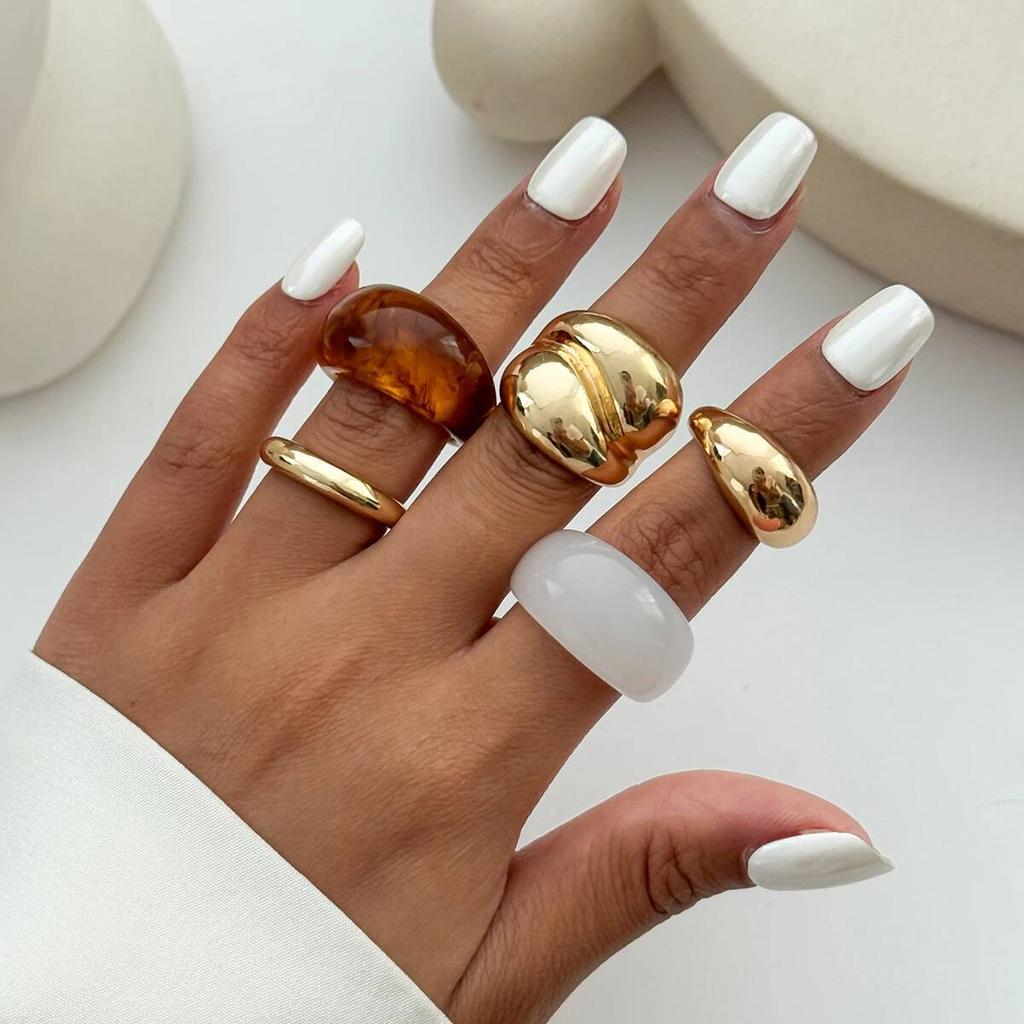 Salircon 5 Pcs/set Trendy Resin Acrylic Rings Women Punk Geometry Chunky Gold Color Metal Open Finger Ring Jewelry Accessories