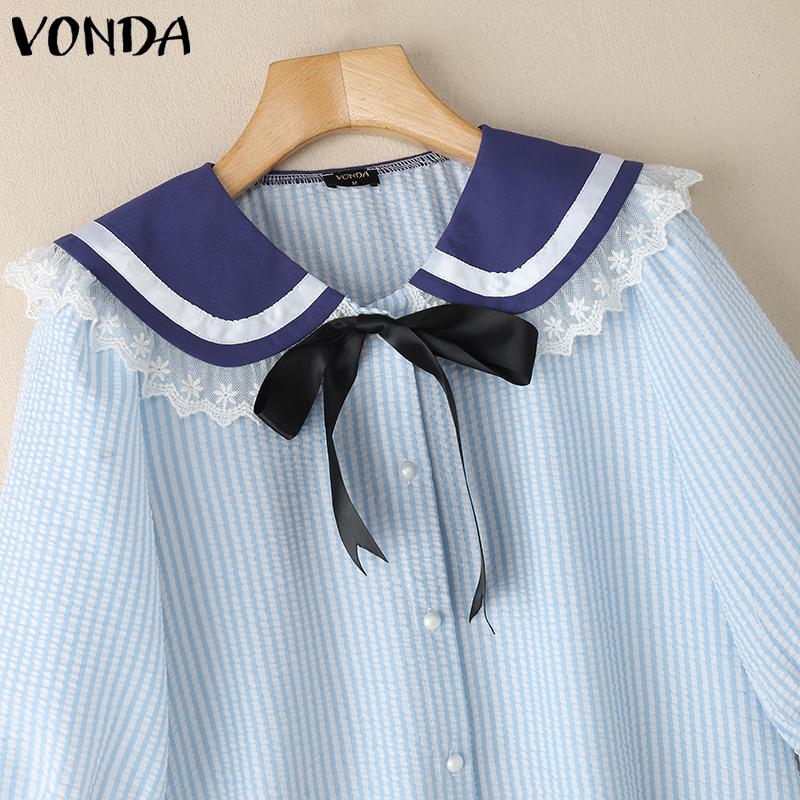 VONDA Two Picecs Dame Marineblå Krage Blondekant Stripete Tekstur T-skjorter og Shorts Sett