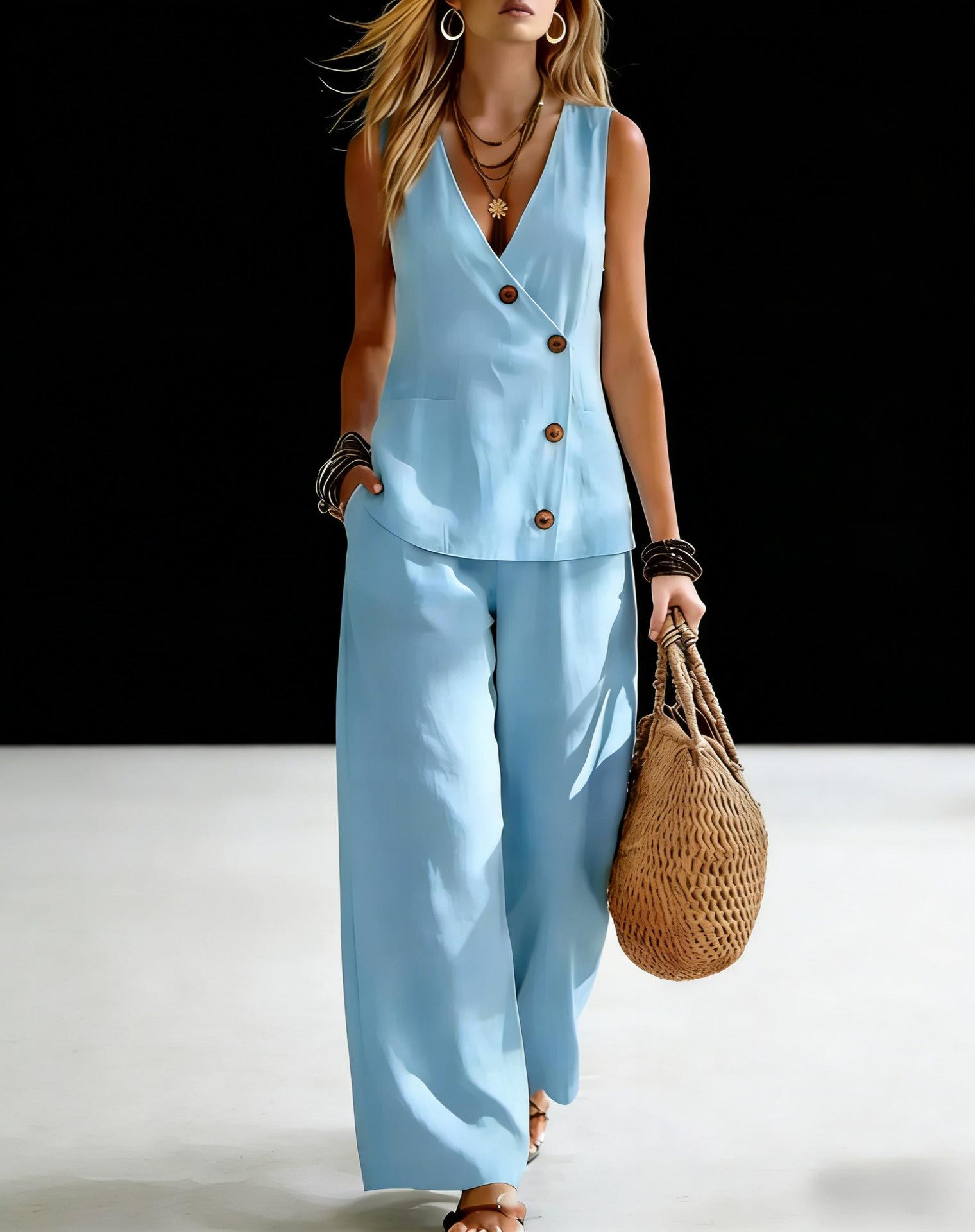 Cross-border foreign trade Amazon Independent Station 2026 new solid color button vest trousers set S