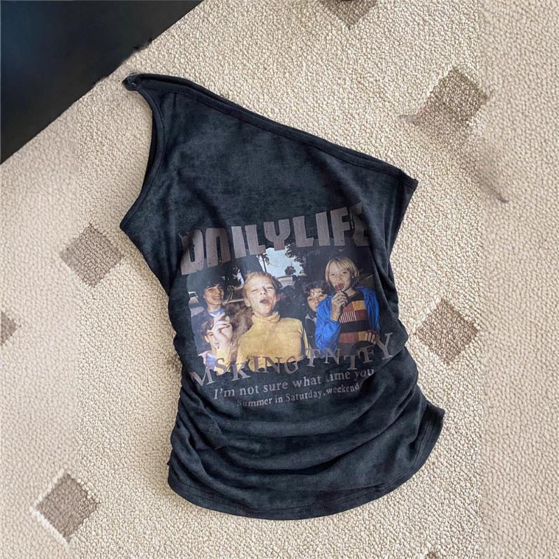 

Single shoulder female hot girl letter pattern Y2K retro style sweetheart trend casual off shoulder vest Onesize