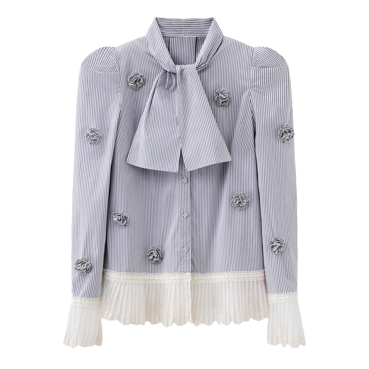 2026 Spring Striped 3D Floral Long-Sleeve Shirt with Contrast Trim Large серый