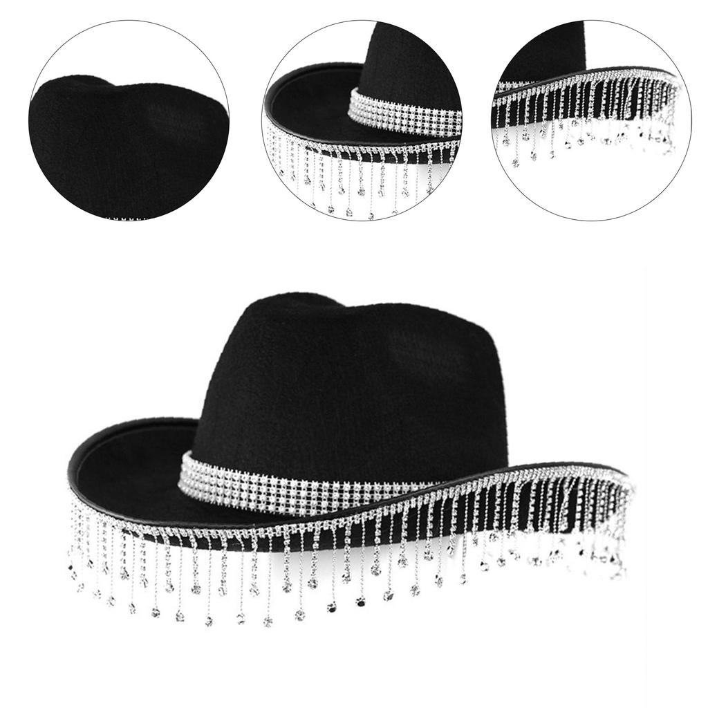Rhinestone Tassels Cowboy Hat for Women Teens Breathable Wide Brim Beach Hat Music Festival Hat Bachelorette Party Cap
