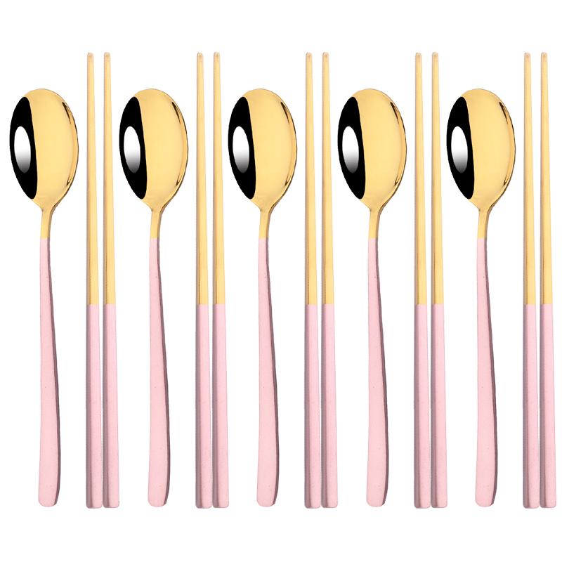 304 Stainless Steel Cutlery Set Sushi Sticks Dinner Spoons Set 10Pcs Dinnerware Korean Chopsticks Dessert Spoon Flatware Set