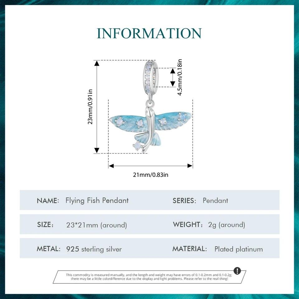 Bamoer 925 Sterling Silver Modrý Smalt Přívěsek Létající Ryba Přívěsek Pave Nastavení CZ pro ženy Náramek a náhrdelník DIY doplňky