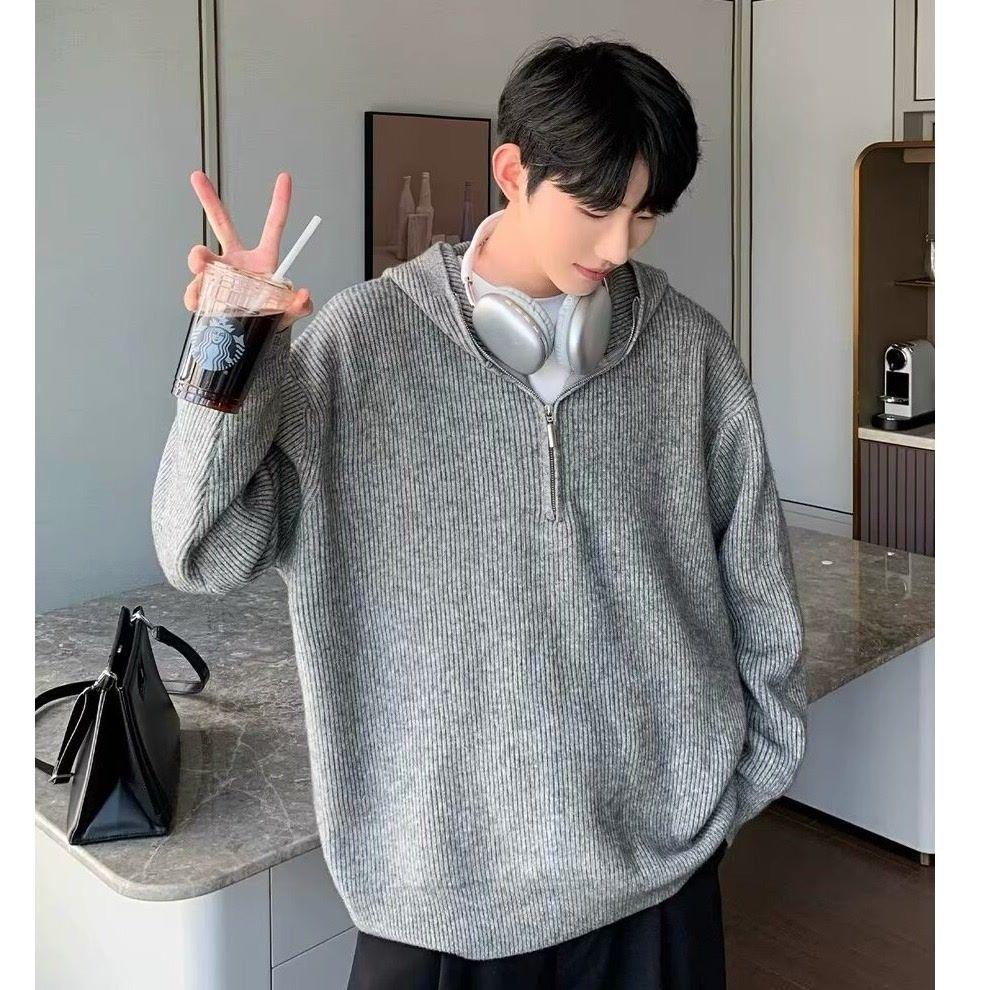 Men's Retro Half-Zip Loose Knitted Hoodie (Autumn/Winter Collection)