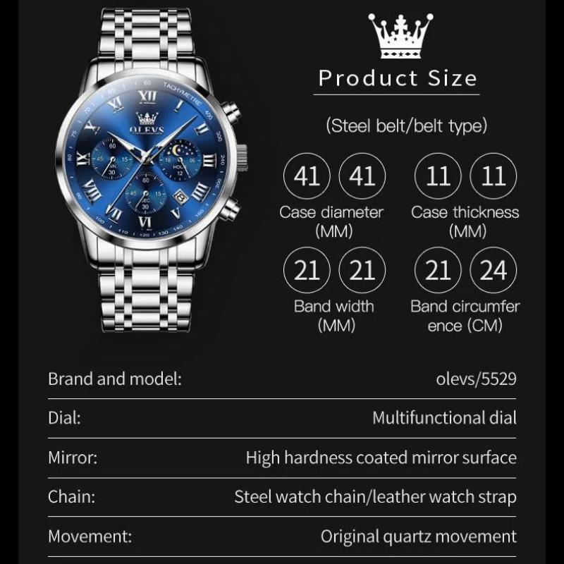 OLEVS Luxury Quartz Watch For Men Roman Scale Moon Phase Chronograph Man Watches Waterproof Luminous Calendar Wrist Watch