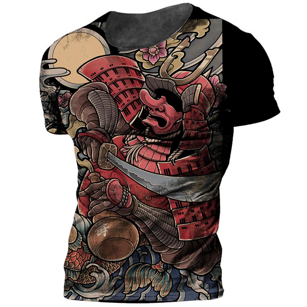 Japan Samurai Print Men's T Shirt Summer O-neck Oversized Tees Casual Short Sleeved Pullover Tops 2024 New Punk Cool Streetwear