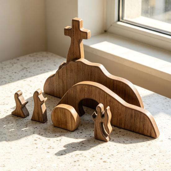 Crèche en bois représentant un tombeau vide, avec scène de la Nativité et de la Résurrection, pour la maison, le bureau ou l'église. Décoration religieuse pour Pâques.