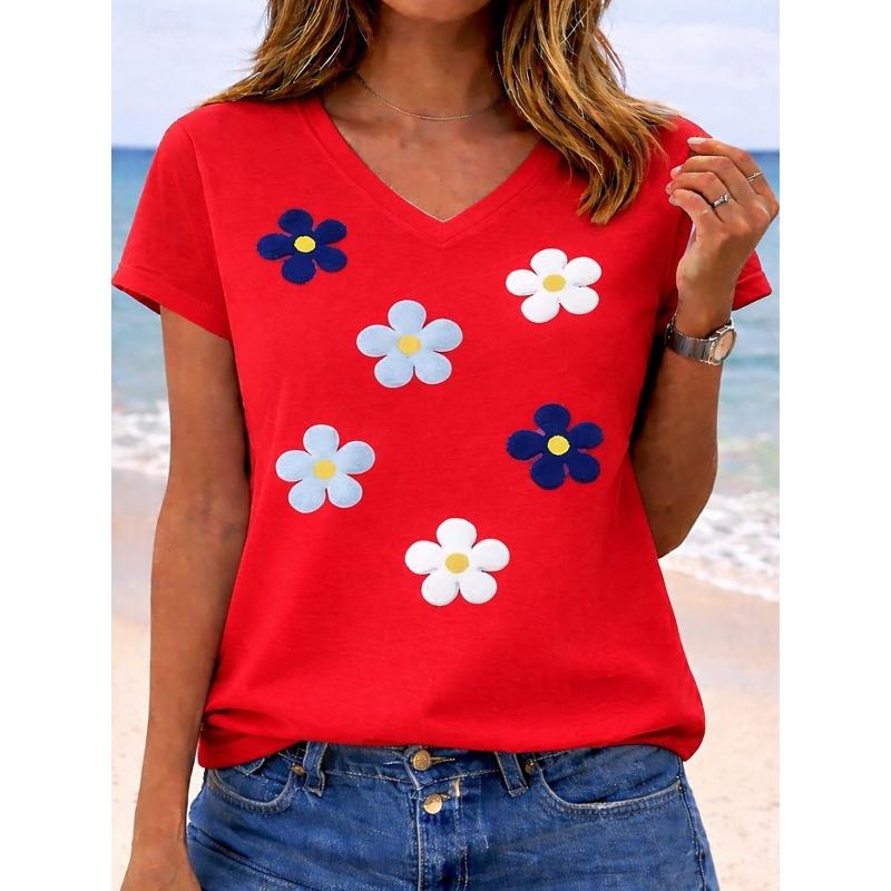 Women's Plants Letter Graphic V Neck T Shirt, Short Sleeve Regular Casual Tops, Daily Multi-color Wear for Spring & Summer