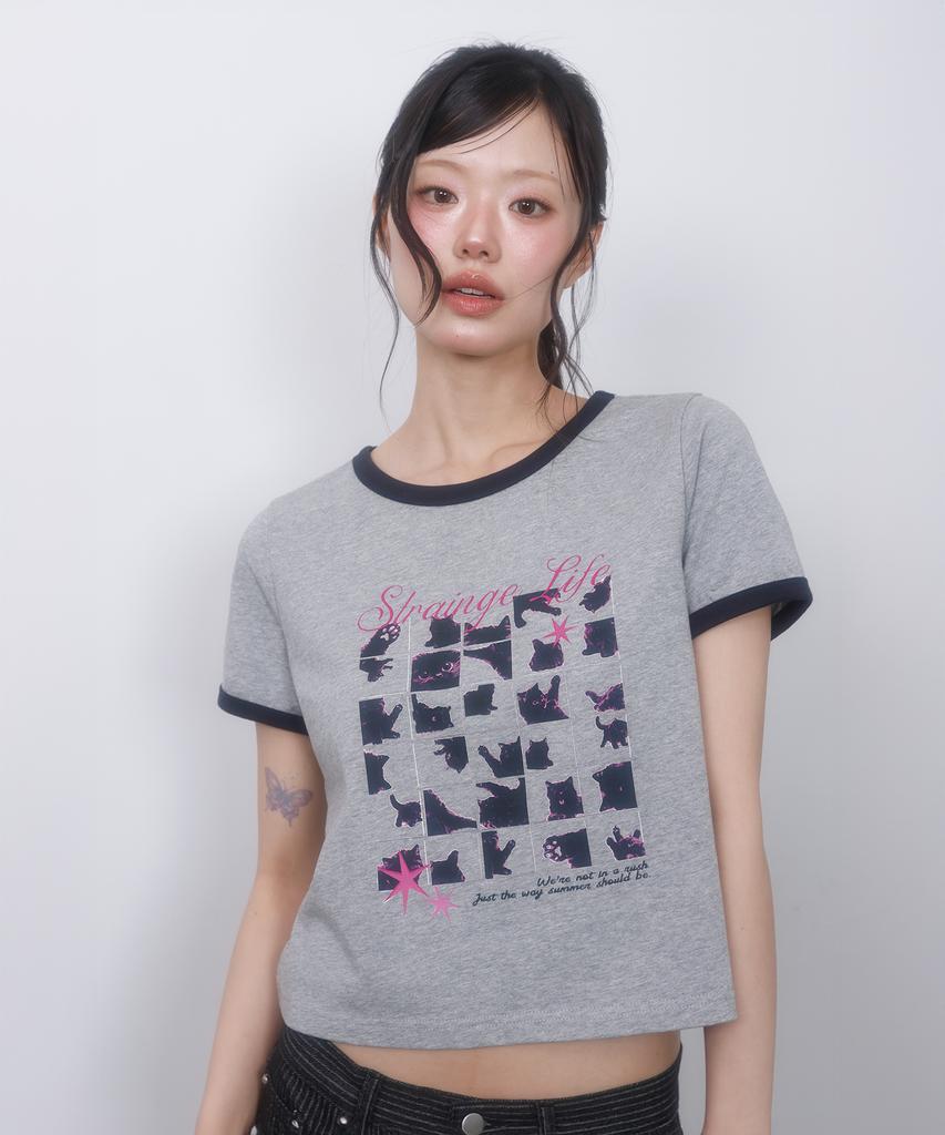 LMR Cat Foster Ringer Crop Short Sleeve T-Shirt Grey