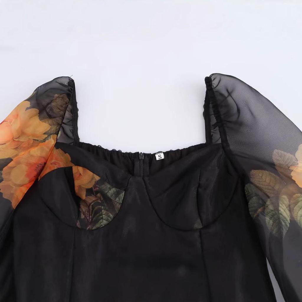 2024 Autumn Women's European-American Fashion Tulip Print Organza Skirt