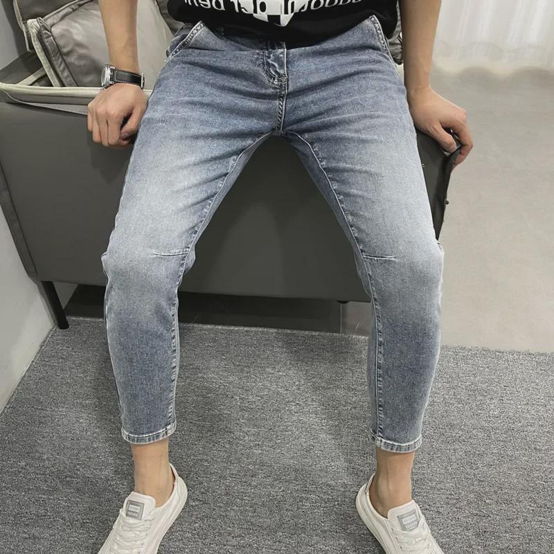 Men's Slim-Fit Light Blue Jeans with Slanted Pockets, Trendy Elastic Nine-Point Casual Pants