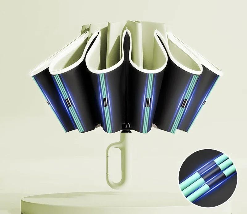 

60K Мужской и женский зонт с пряжкой, полностью автоматический складной зонт с ветрозащитной светоотражающей полосой, УФ-зонты зелёный