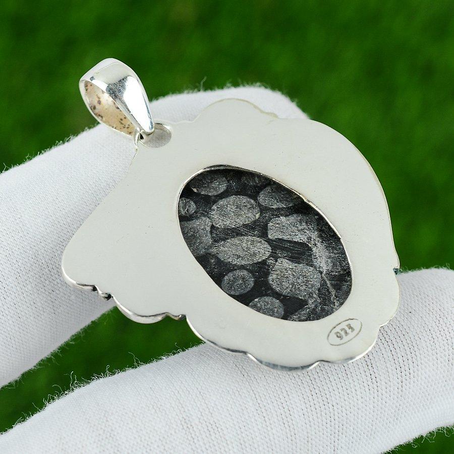 Natural Black Fossil Coral Gemstone Pendant 925 Sterling Silver For Girls