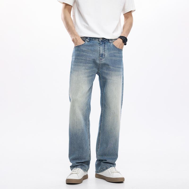 Elastic denim new American trendy brand men's jeans commuter high street loose straight American light-colored denim trousers
