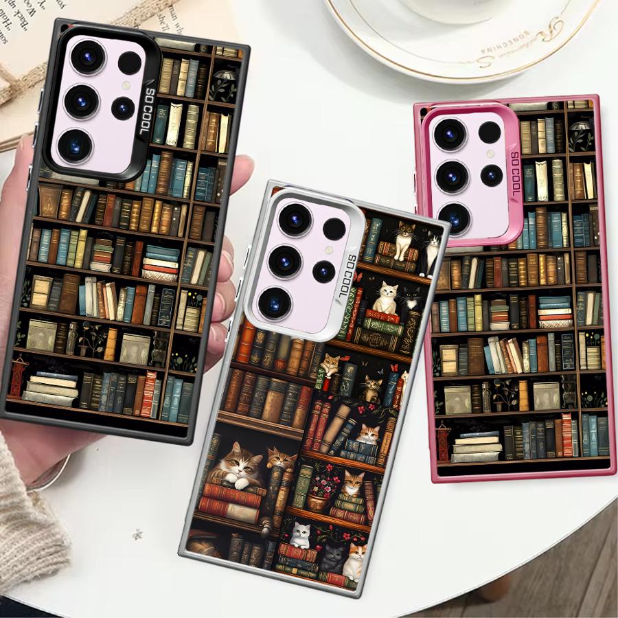 Phone Case for Samsung Galaxy S23 S24 S25 Ultra S20 S22 S23 FE Note 20 S21 Plus S24FE Shell Cover Vintage Bookshelf Kitten