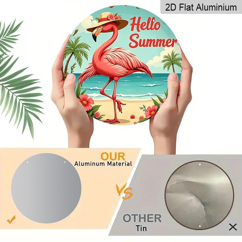 2D Flache Aluminium-Dekoschilder und -Plaketten im Sommer-Thema in verschiedenen Größen. Wanddekorationen mit Flamingomuster und Sonnenhüten, Sommer-Bauernhaus-Stil
