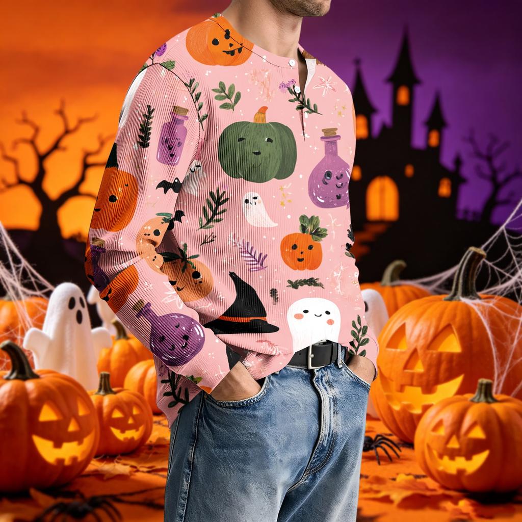 Men's Long Sleeve Printed Neck T-Shirt with Ribbed Texture Casual Tee