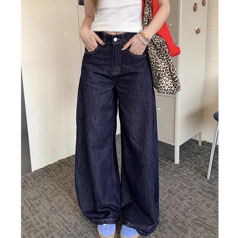 2024 Women's High Waist Dark Blue Retro Straight Jeans - Slim Wide Leg Mopping Trousers