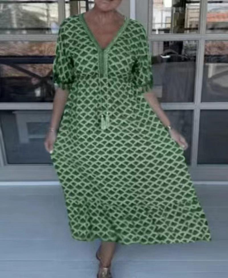 

V-Neck Geometric Print Mermaid Dress with Tie Front and Fringe Sleeve Detail XXXL зелений