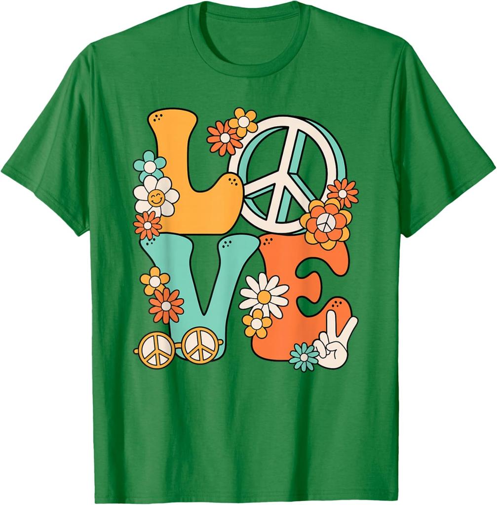 Hippie Love Peace Groovy Flowers Retro 70s Style Graphic Print Cotton T-Shirt Unisex Trip Casual
