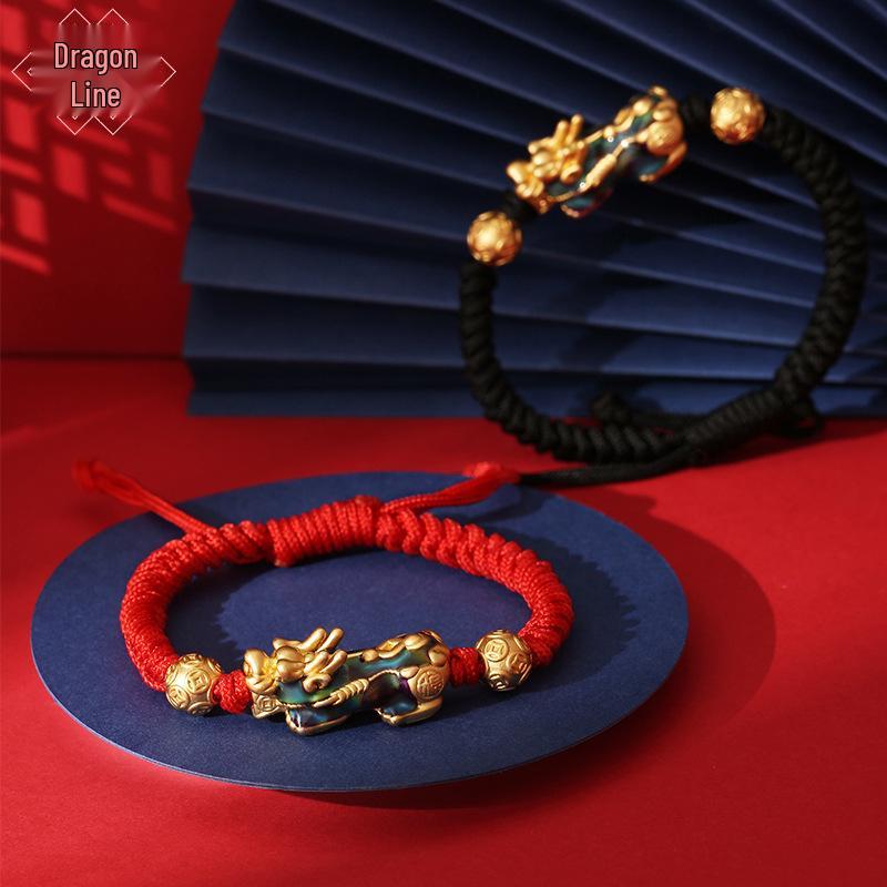 Dragon Knot Sterling Silver Color-Changing Pixiu Bracelet - Men's Woven Rope Pikachu Gift for Boyfriend