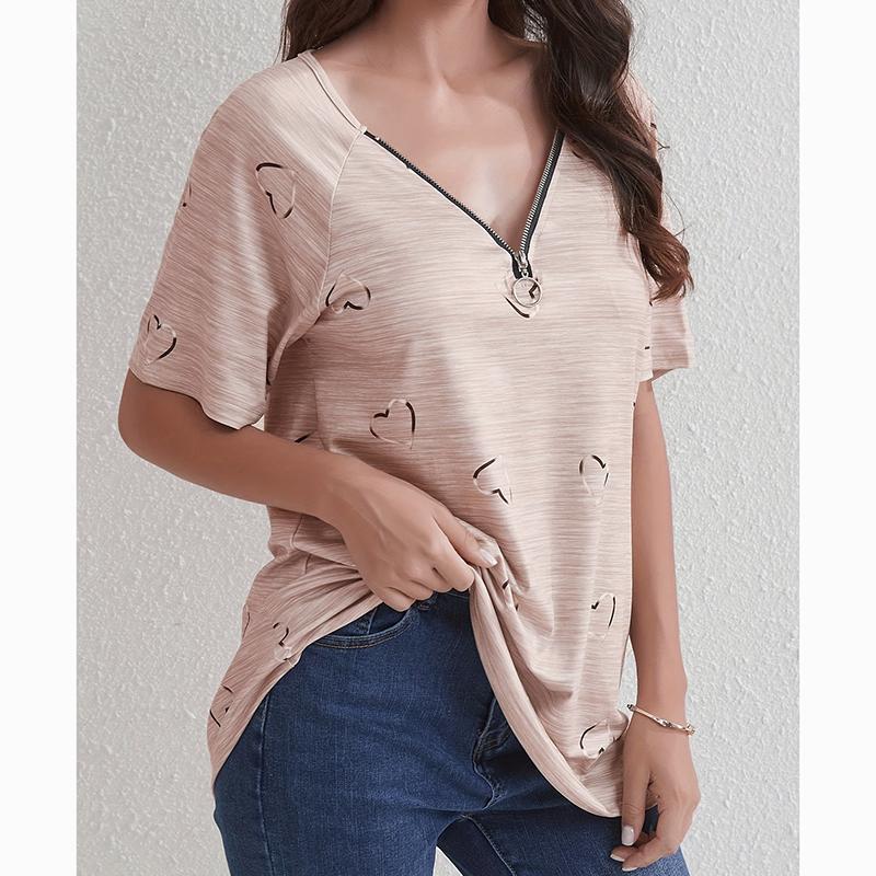 Spring Summer New Zipper Short Sleeve Shirt Women Tops Casual Love Print Pullover T-shirt Woman Fashion Elegant Loose Lady Blouse 24145