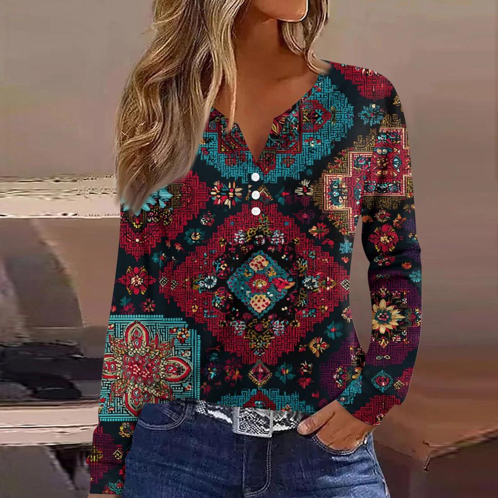 Women's T Shirt Tee Button Long Sleeve Daily Weekend Fashion Basic V- Neck Regular Top