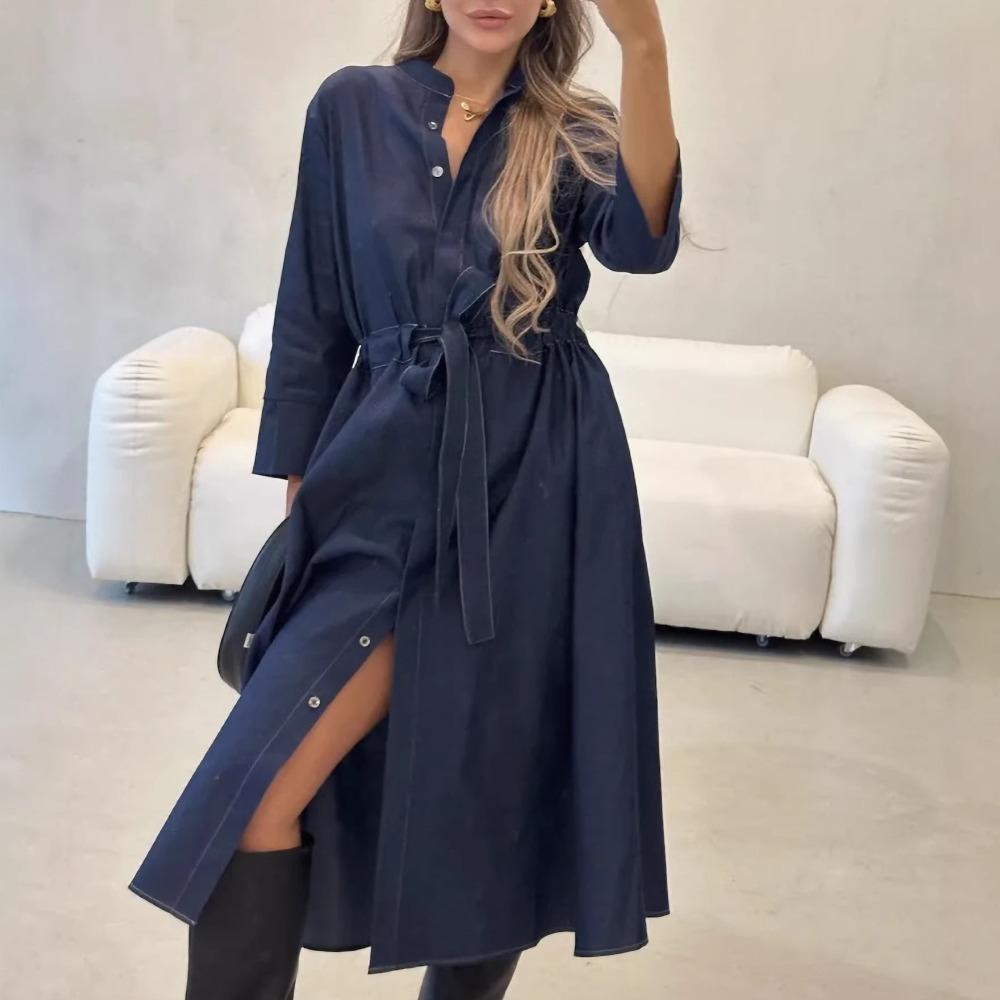 Women's Stand Collar Three Quarter Sleeve Midi Dress Loose Fit Workwear Style Denim Shirt Dress Solid Color Drawstring Waist A Line Dress