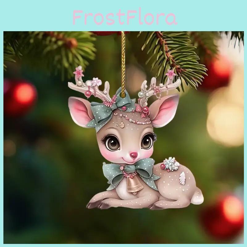 Car Acrylic Christmas Pendant With Butterfly Knot Bell Print Deer Decor For
