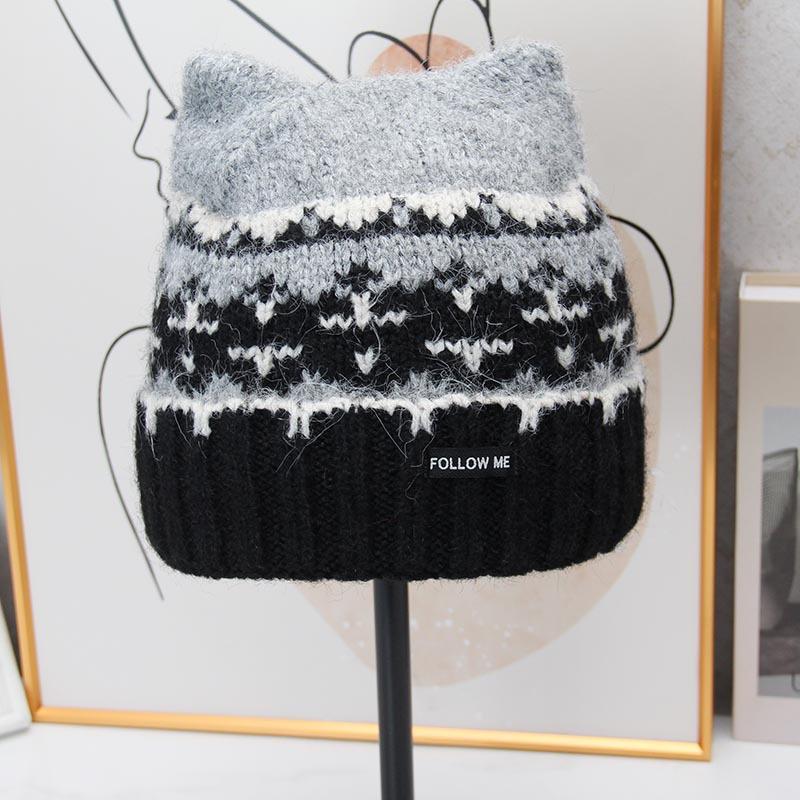 Cute cat ear wool hat Nordic style jacquard knitted hat women's autumn and winter outdoor warm cover loose thickened hat tide